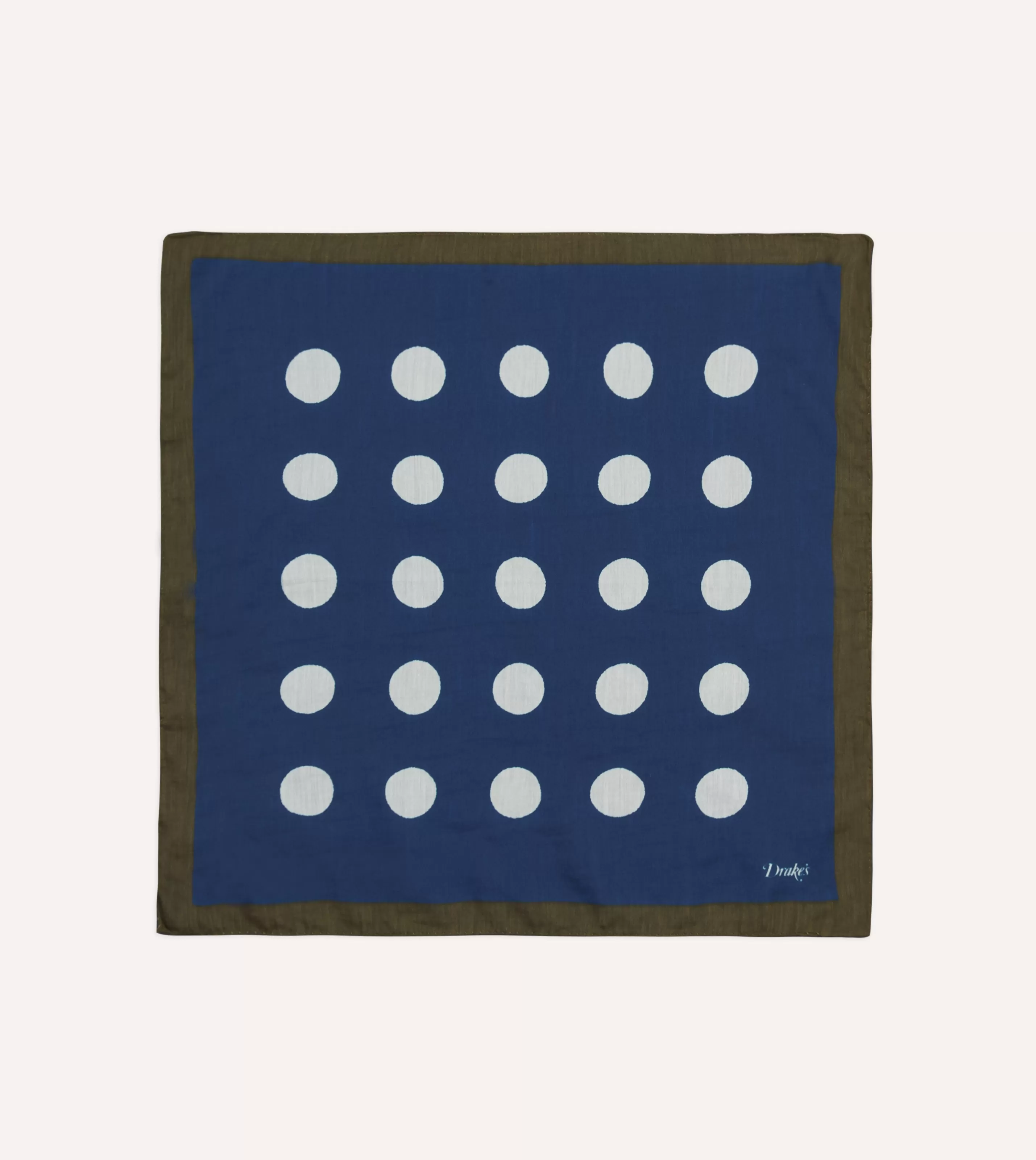 Drake’s Pocket Squares | Olive, Navy And Ecru Large Spots Print Cotton-Silk Pocket Square
