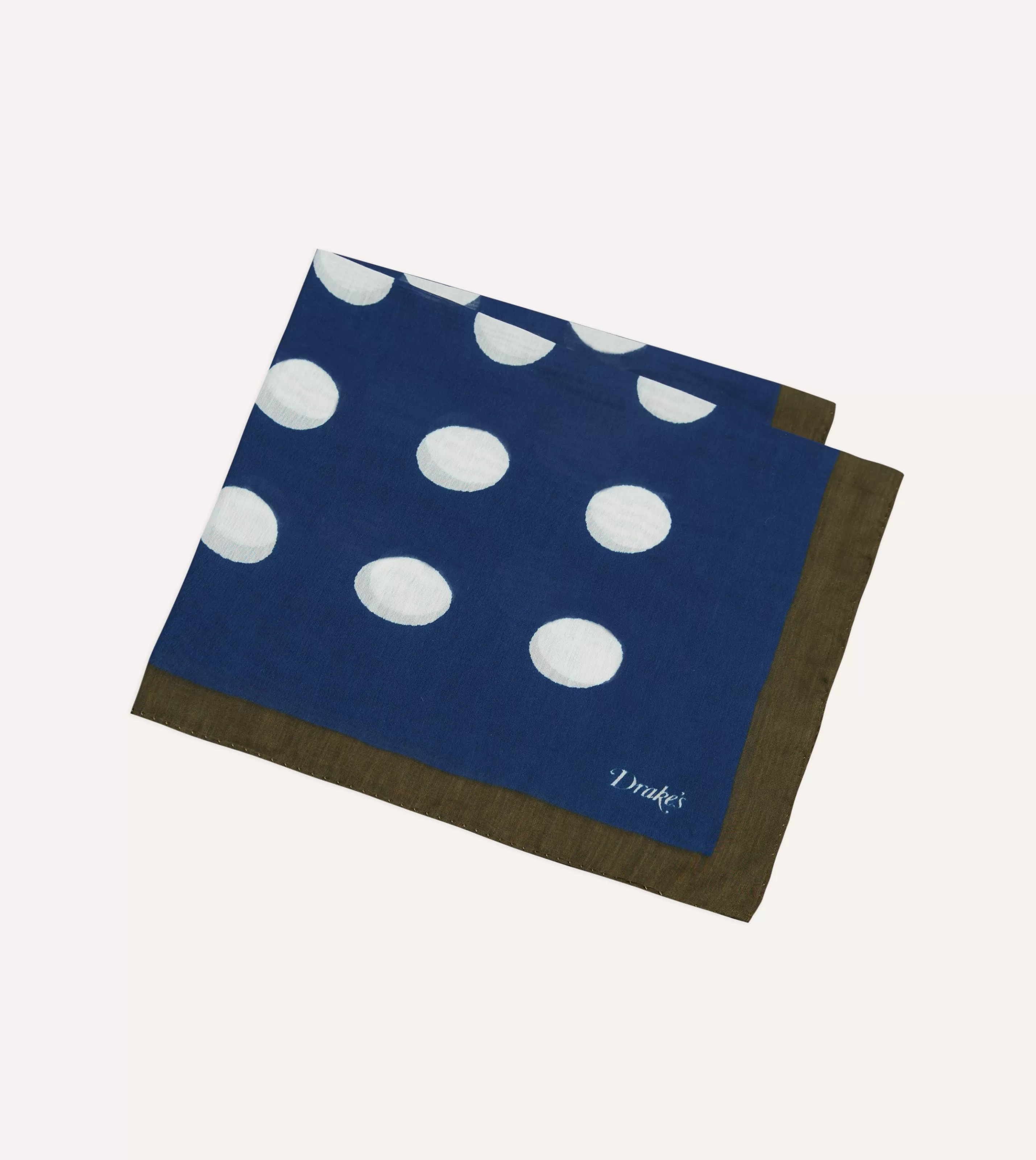 Drake’s Pocket Squares | Olive, Navy And Ecru Large Spots Print Cotton-Silk Pocket Square