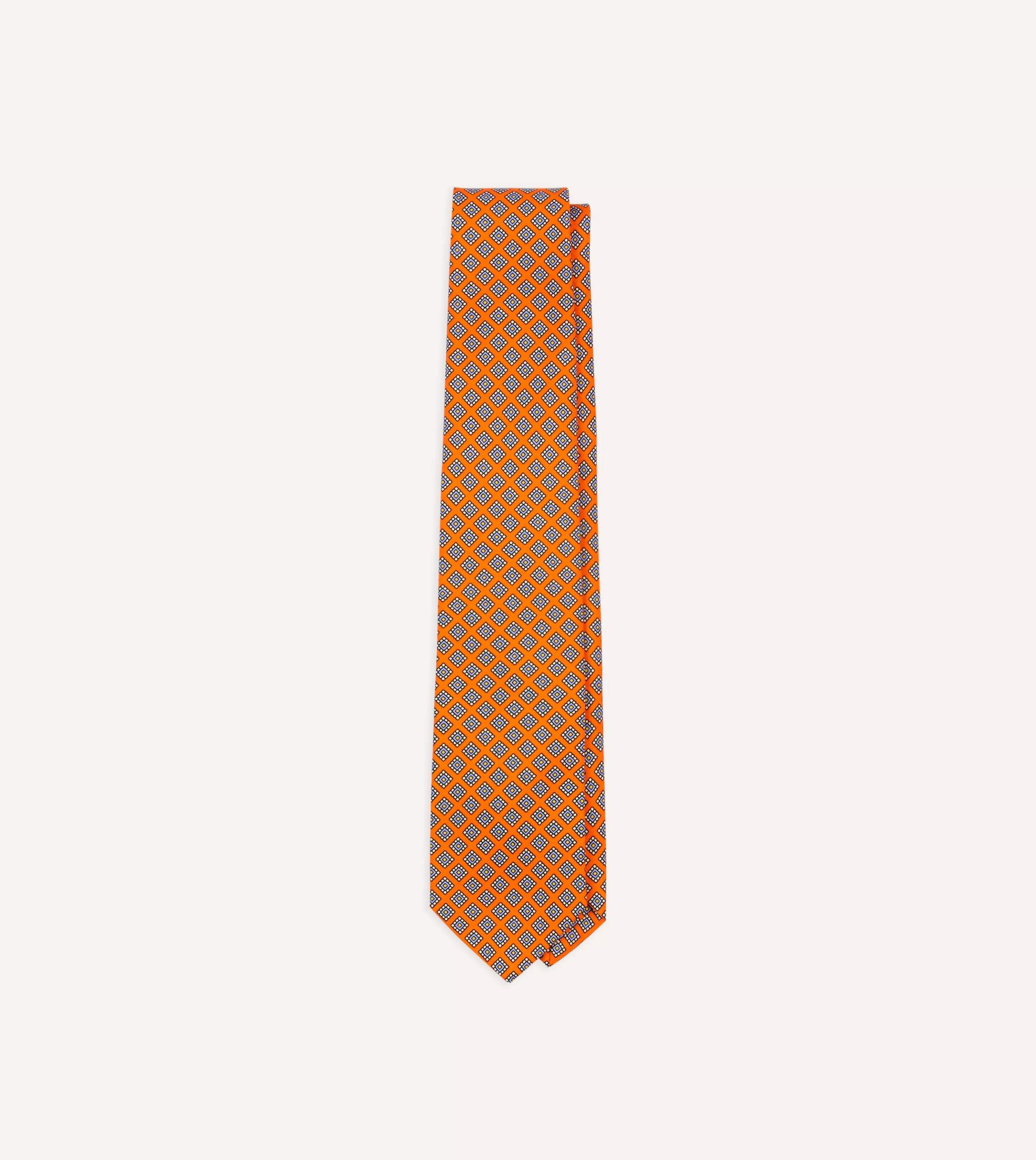 Drake’s Patterned Ties | Square Medallion Self-Tipped Silk Tie Orange