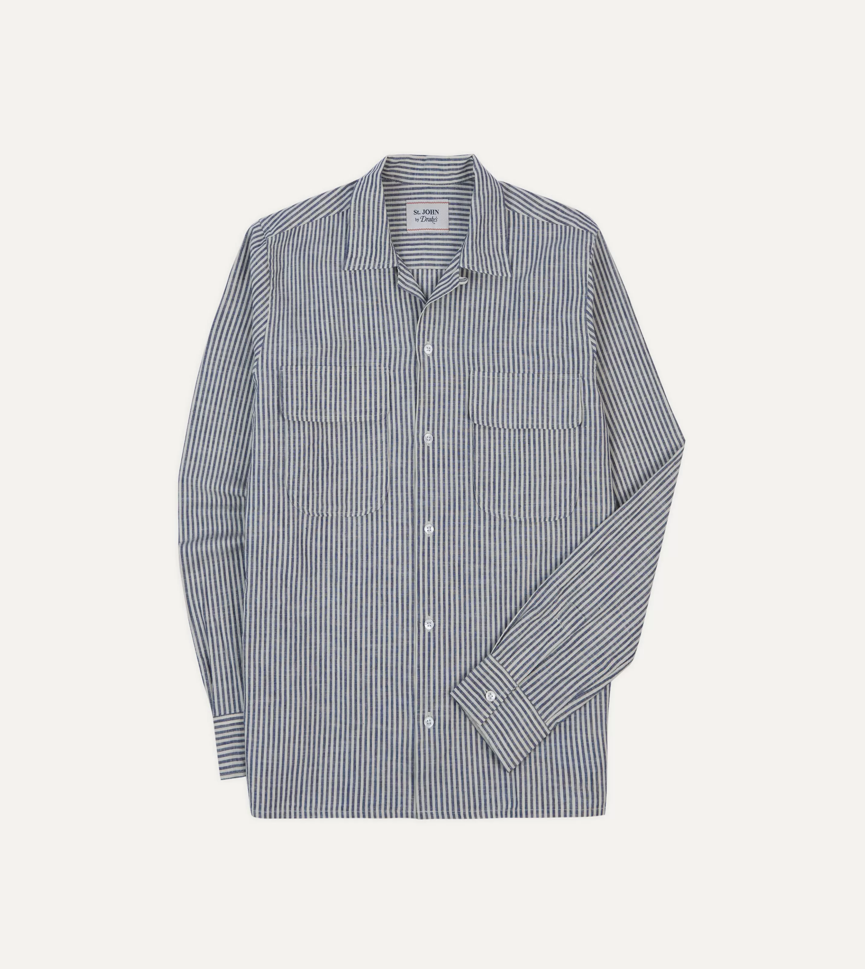 Drake’s Shirts | Casual Shirts | St. JOHN By Drake's Indigo Stripe Linen Camp Collar Long Sleeve Shirt
