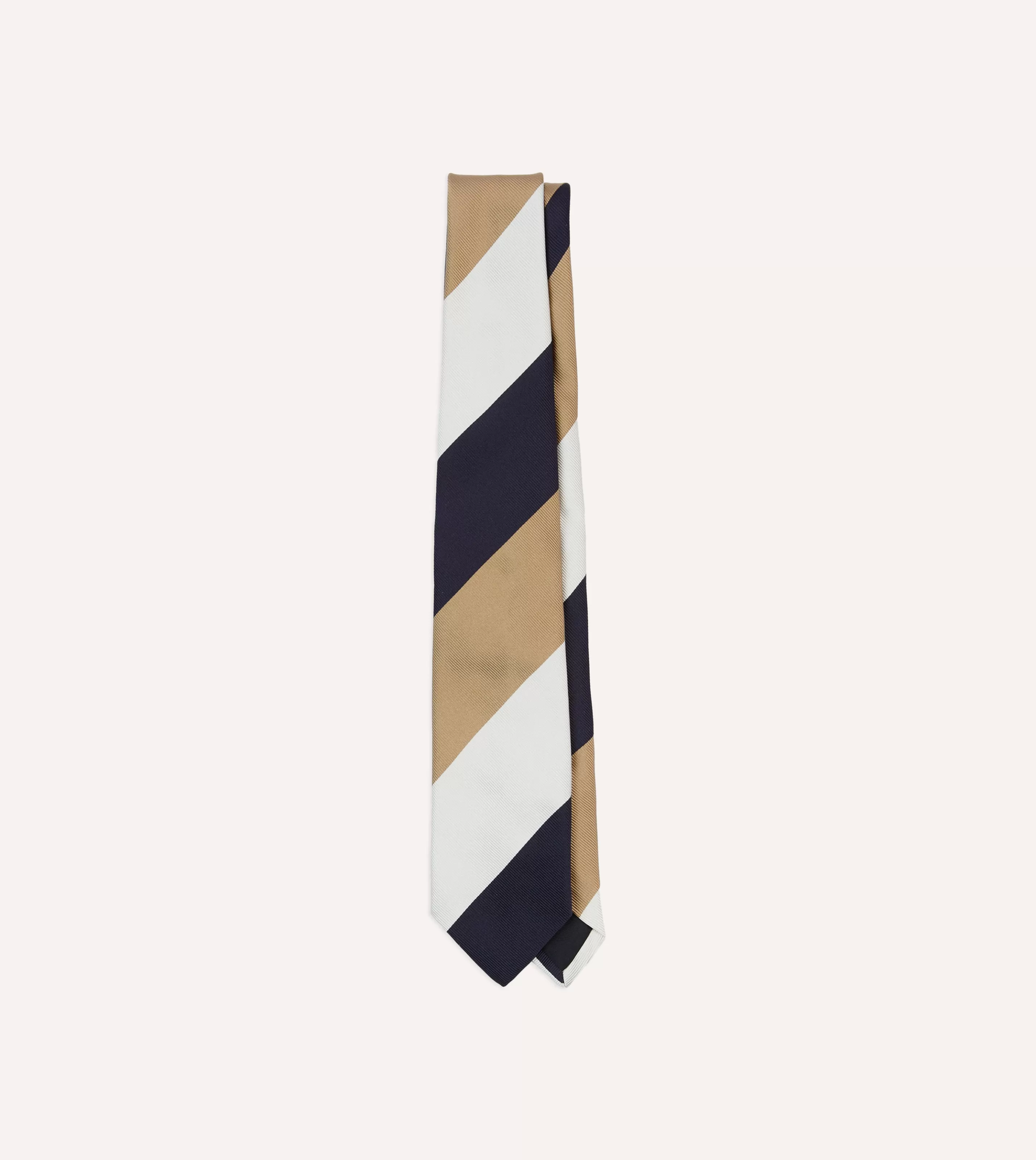 Drake’s Striped Ties | White, Navy And Wide Stripe Repp Silk Tipped Tie Brown