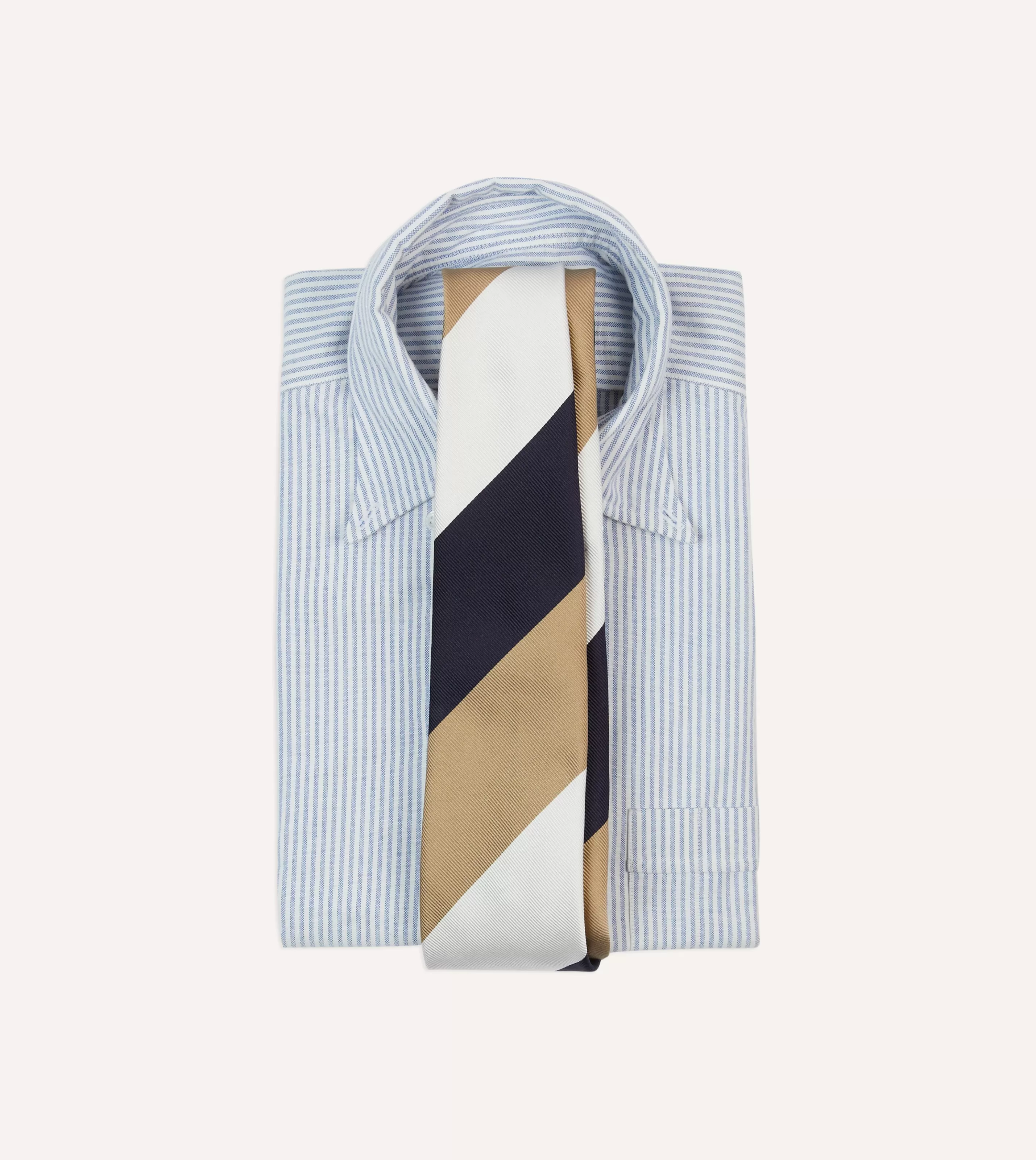Drake’s Striped Ties | White, Navy And Wide Stripe Repp Silk Tipped Tie Brown