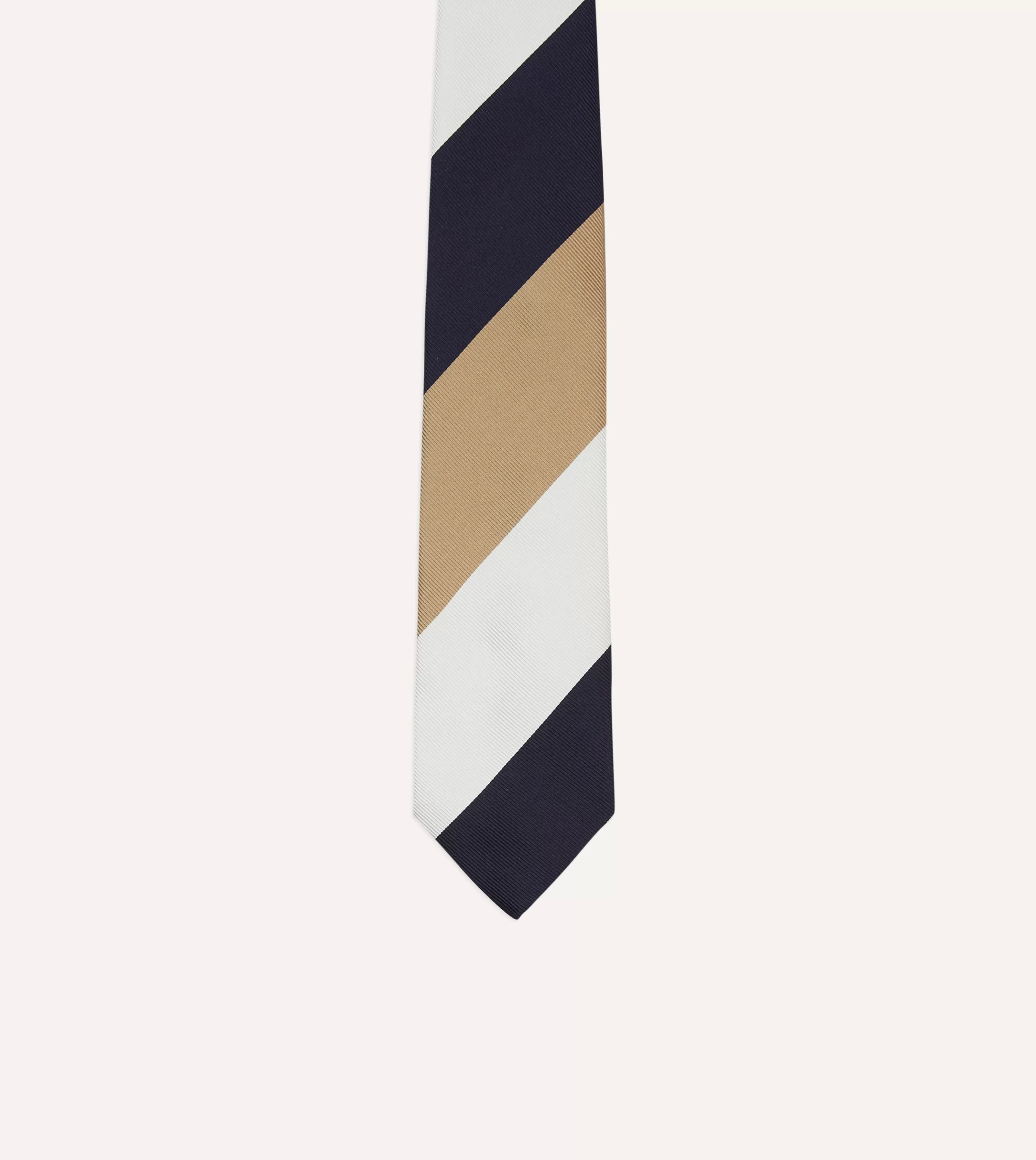 Drake’s Striped Ties | White, Navy And Wide Stripe Repp Silk Tipped Tie Brown