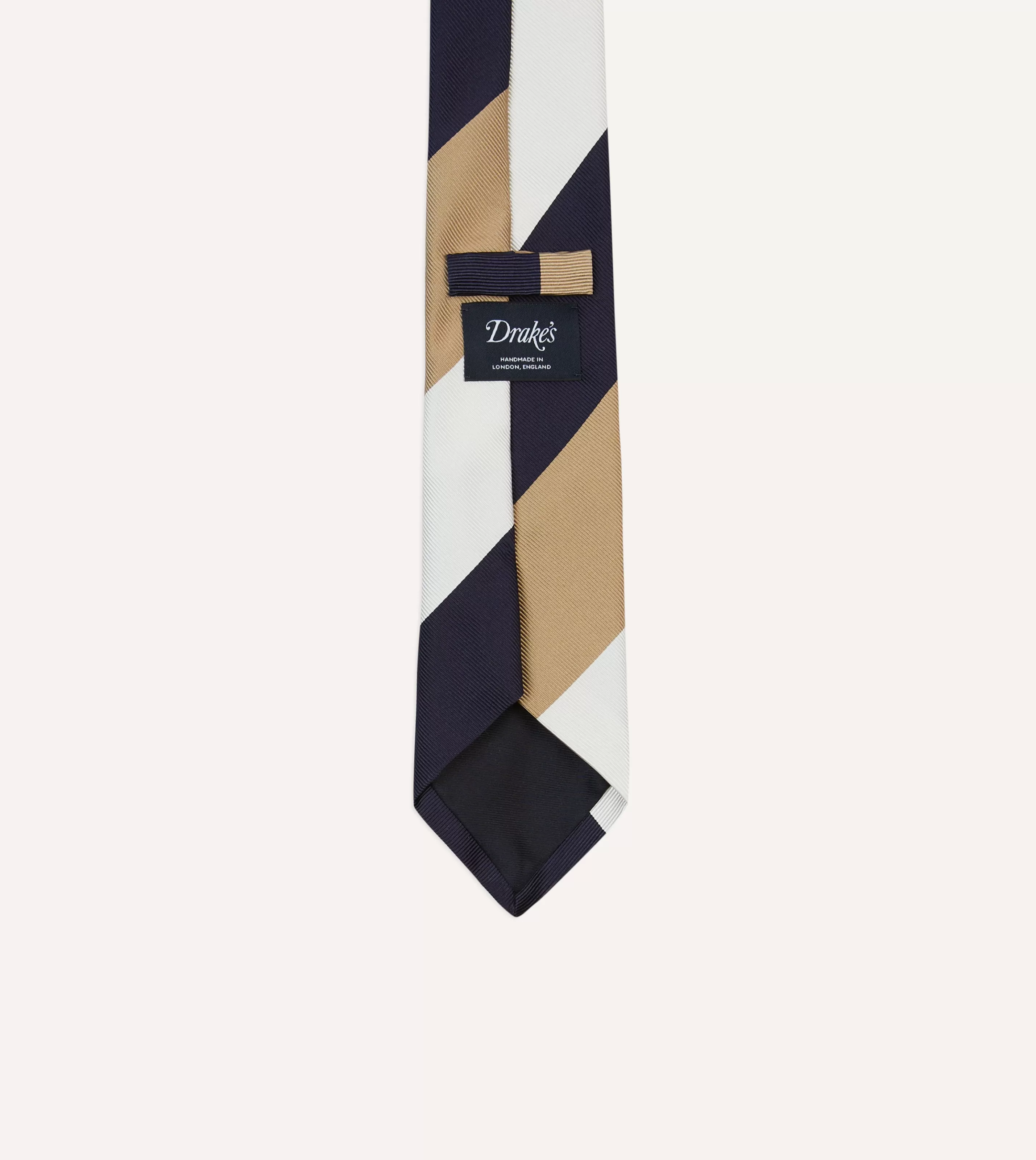 Drake’s Striped Ties | White, Navy And Wide Stripe Repp Silk Tipped Tie Brown