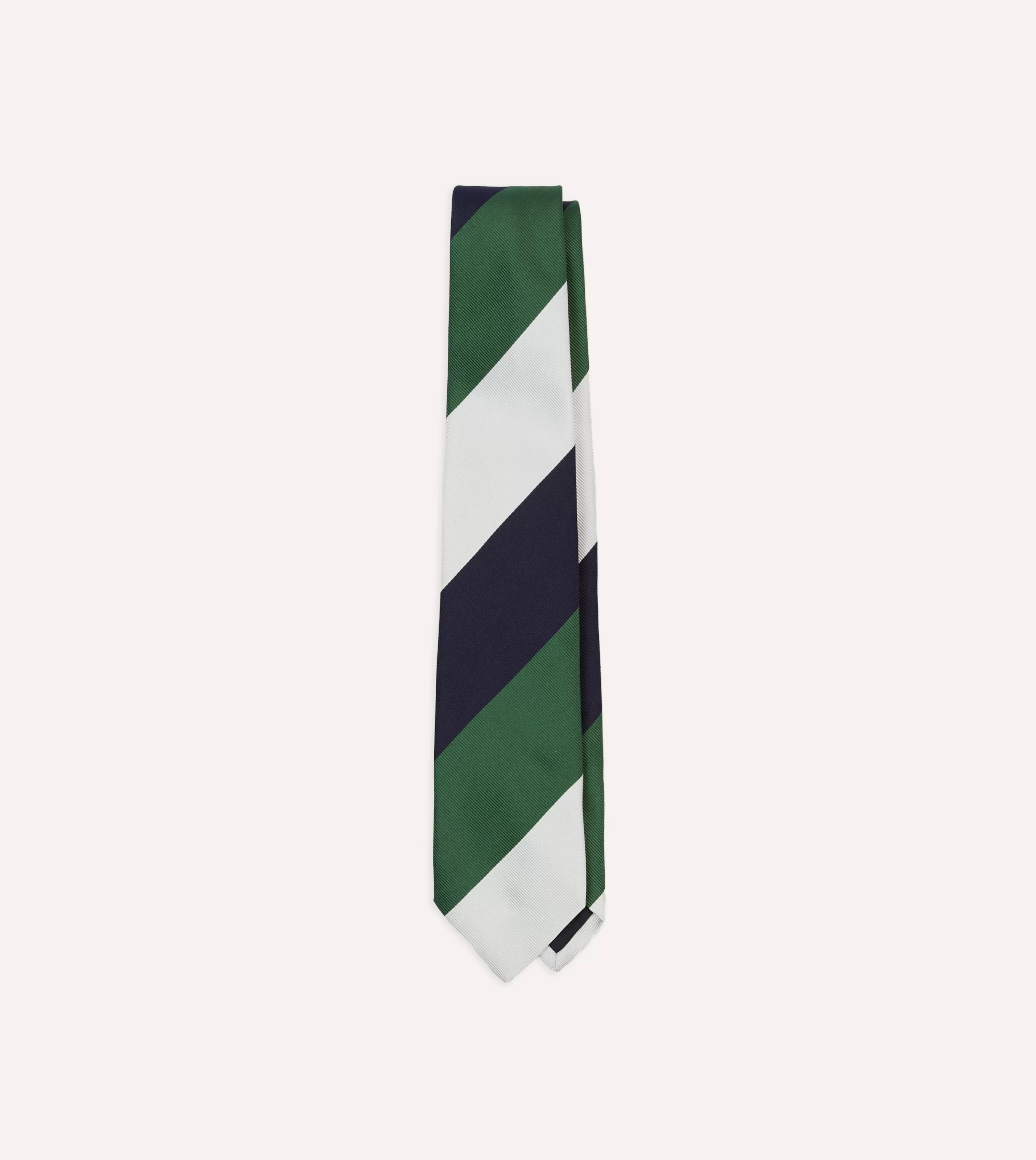Drake’s Striped Ties | White, Navy And Wide Stripe Repp Silk Tipped Tie Green