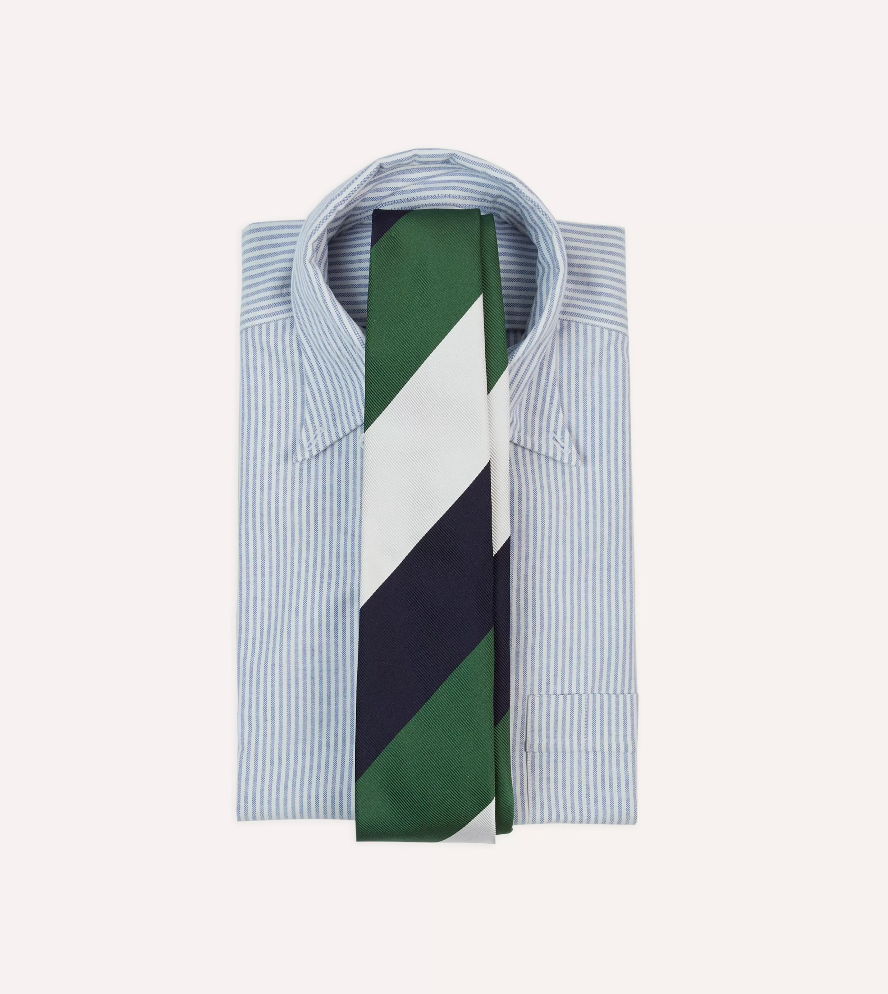 Drake’s Striped Ties | White, Navy And Wide Stripe Repp Silk Tipped Tie Green