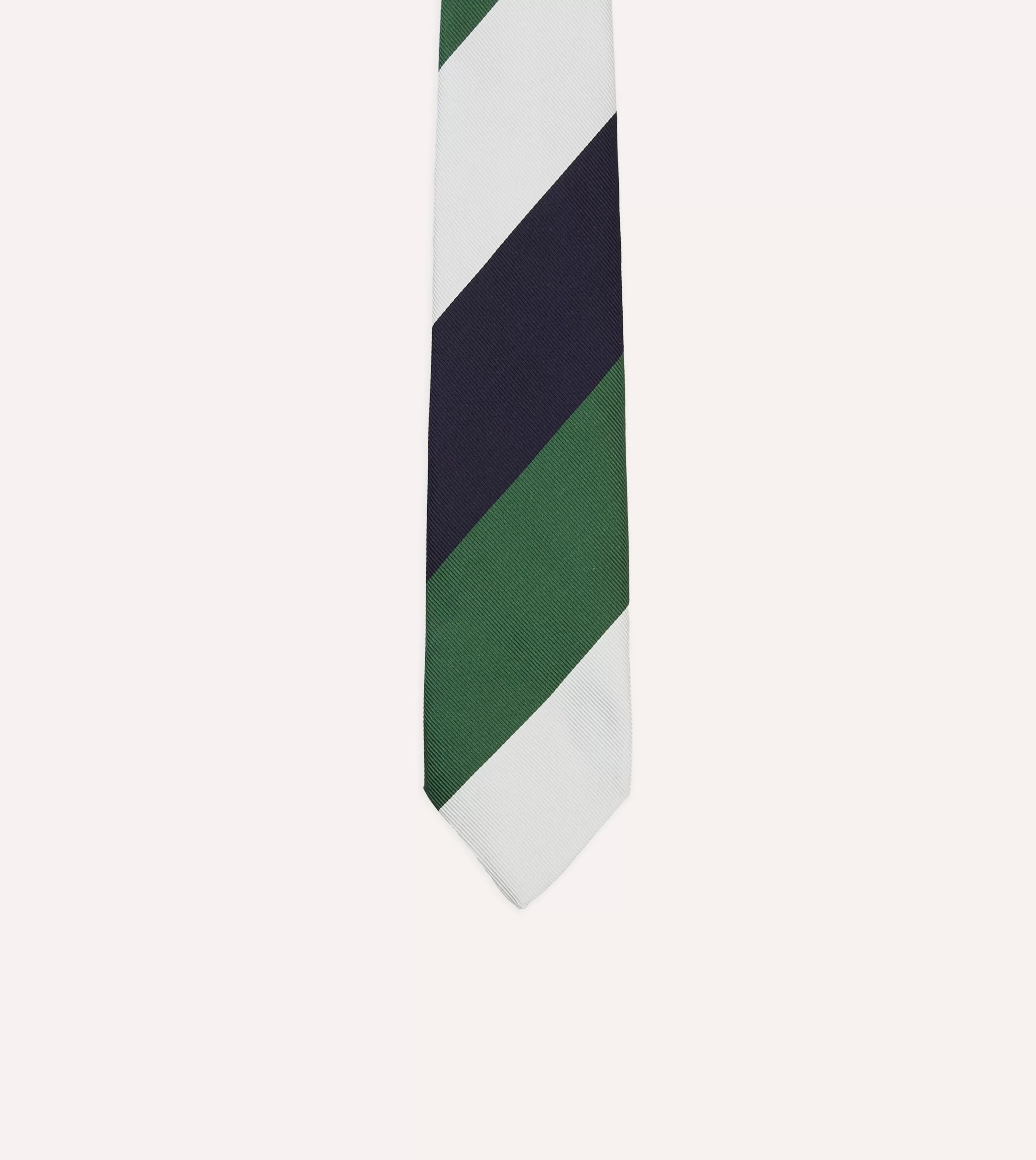 Drake’s Striped Ties | White, Navy And Wide Stripe Repp Silk Tipped Tie Green