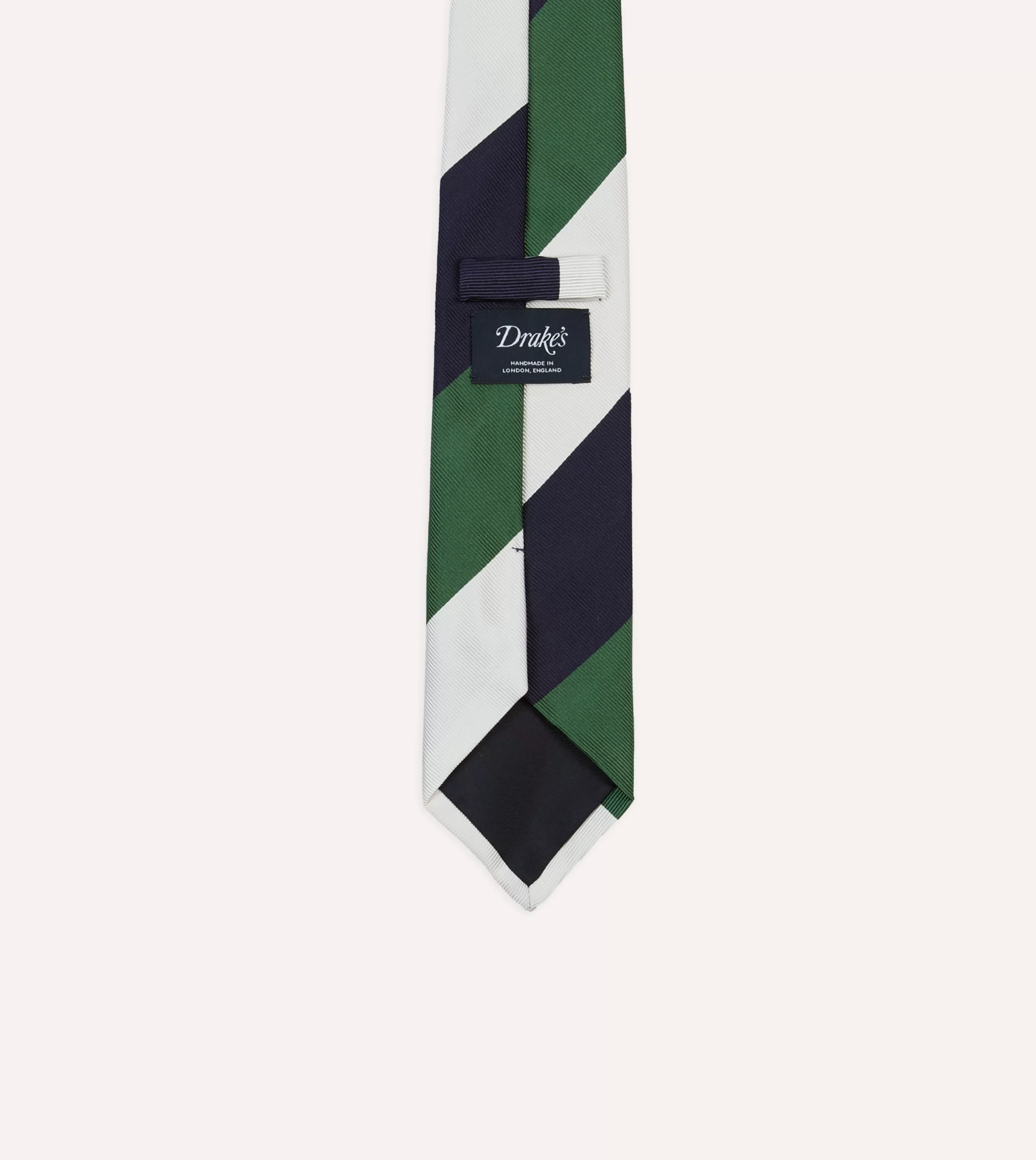 Drake’s Striped Ties | White, Navy And Wide Stripe Repp Silk Tipped Tie Green