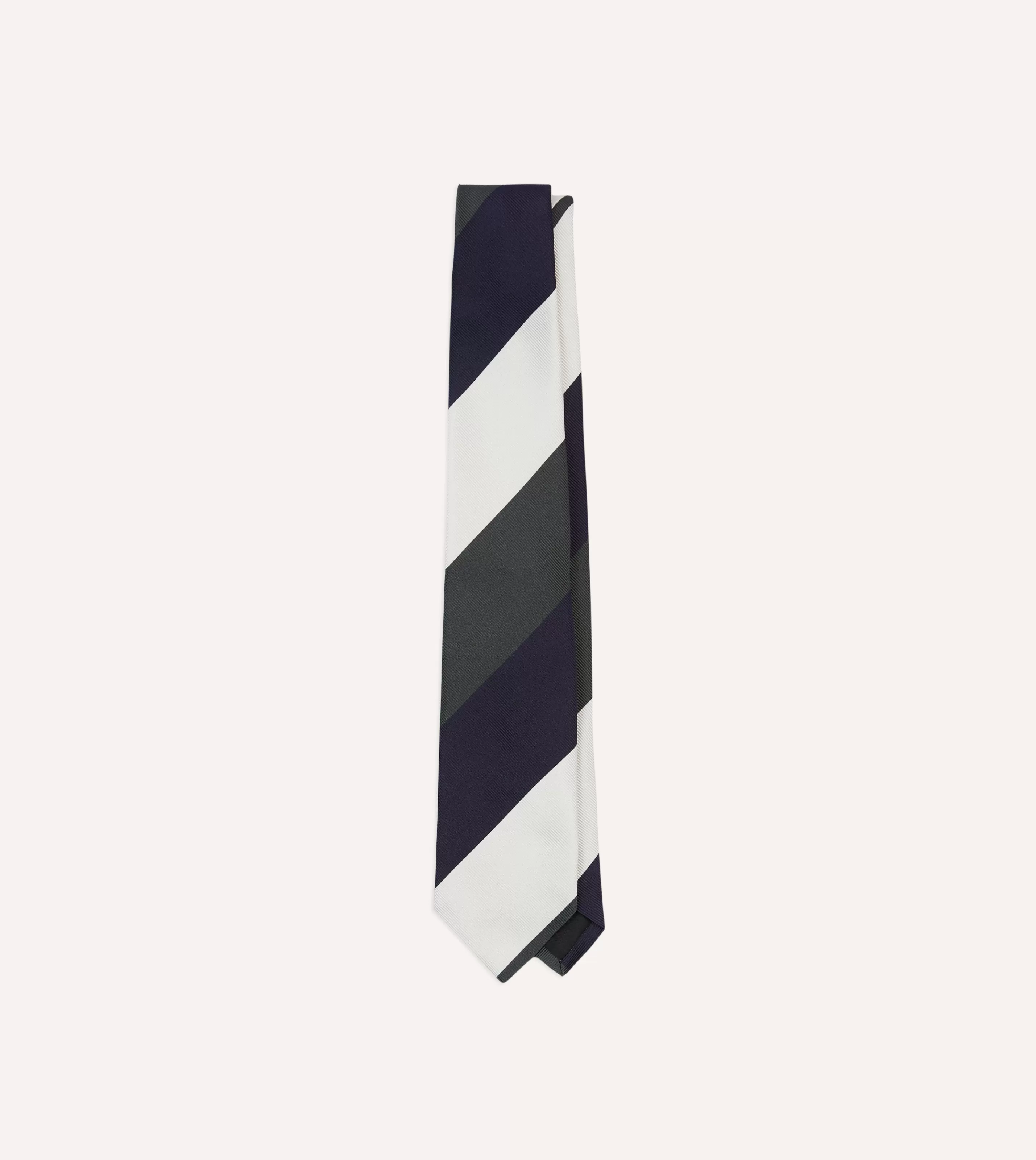 Drake’s Striped Ties | White, Navy And Wide Stripe Repp Silk Tipped Tie Grey
