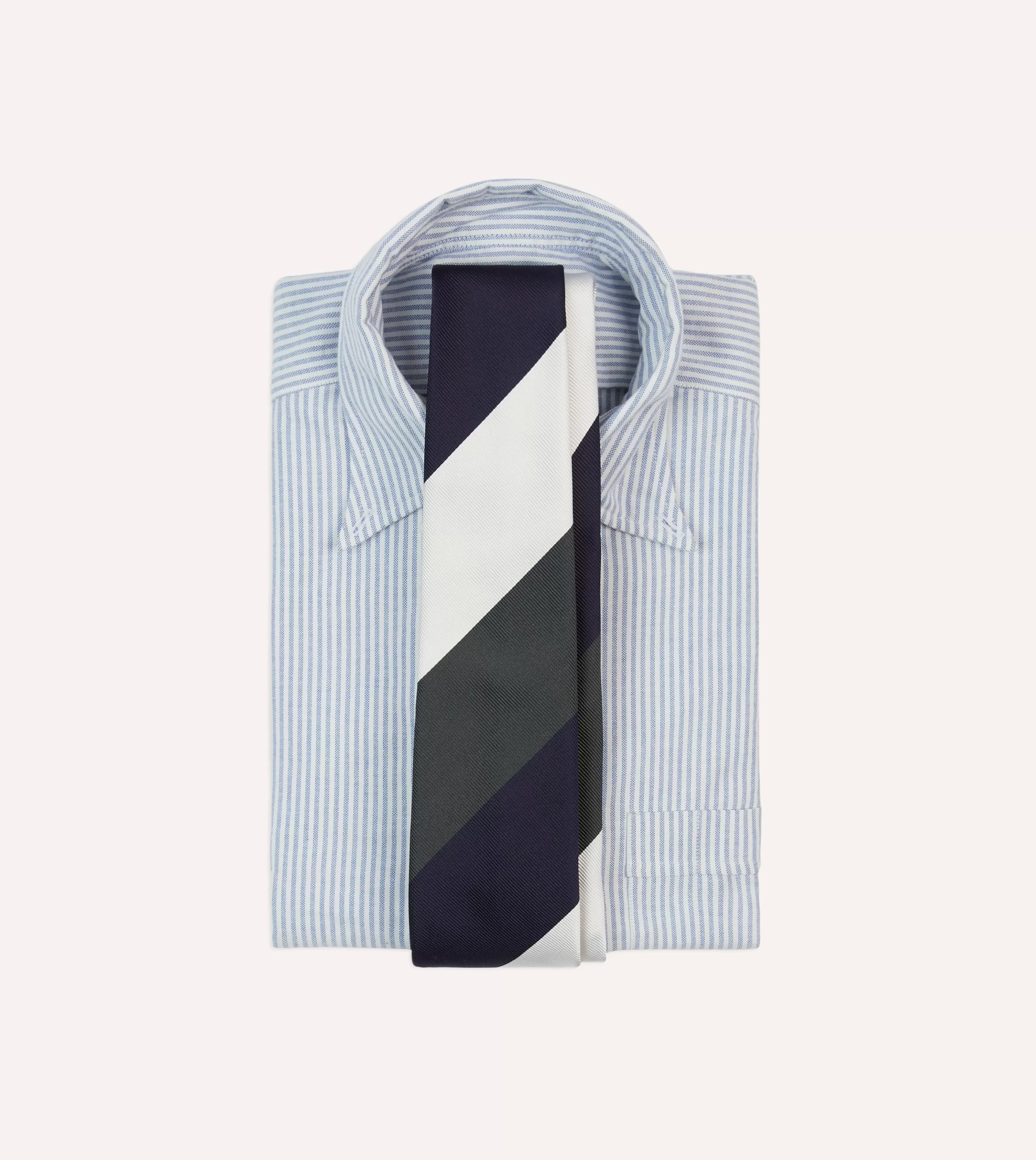 Drake’s Striped Ties | White, Navy And Wide Stripe Repp Silk Tipped Tie Grey