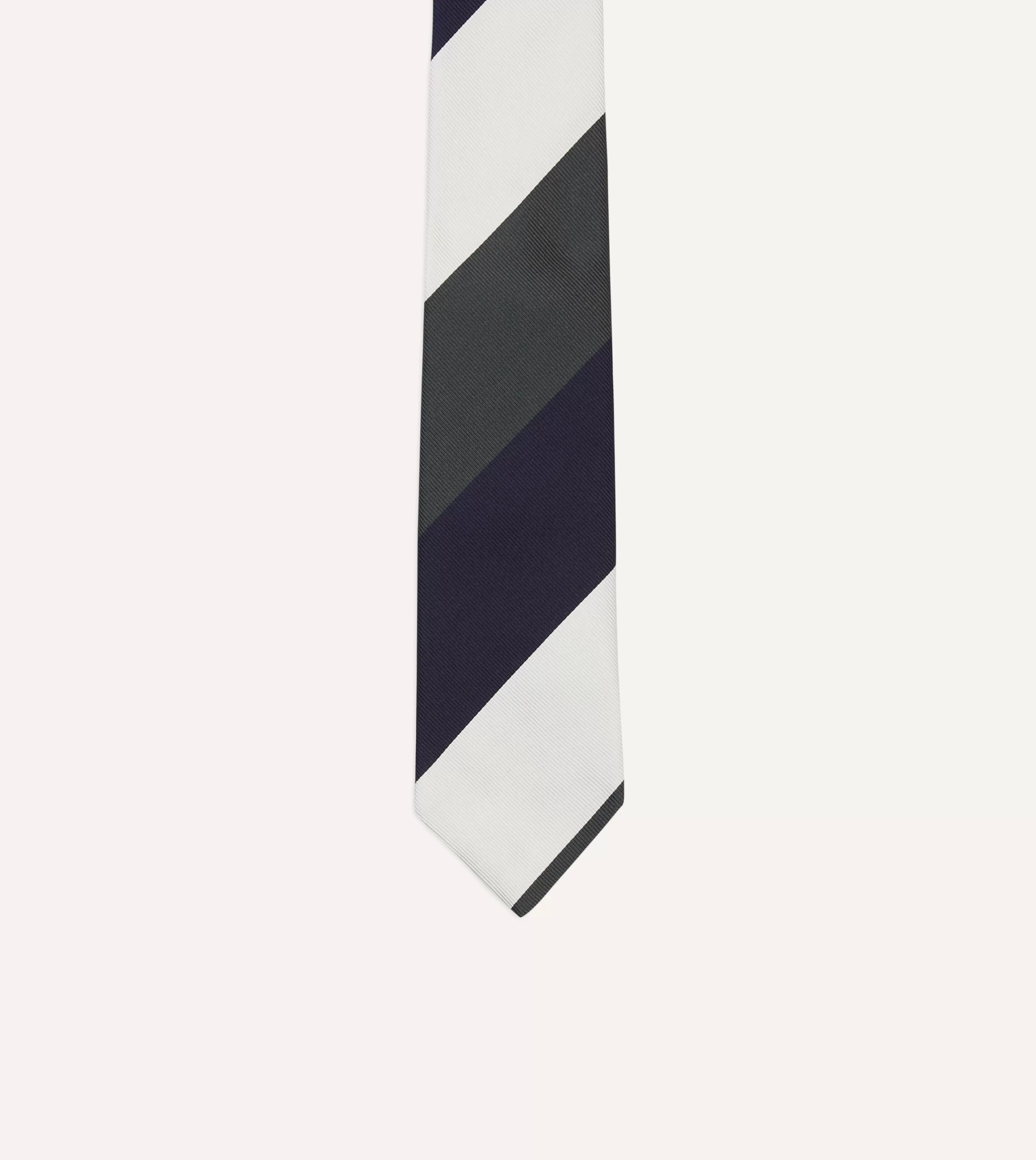 Drake’s Striped Ties | White, Navy And Wide Stripe Repp Silk Tipped Tie Grey