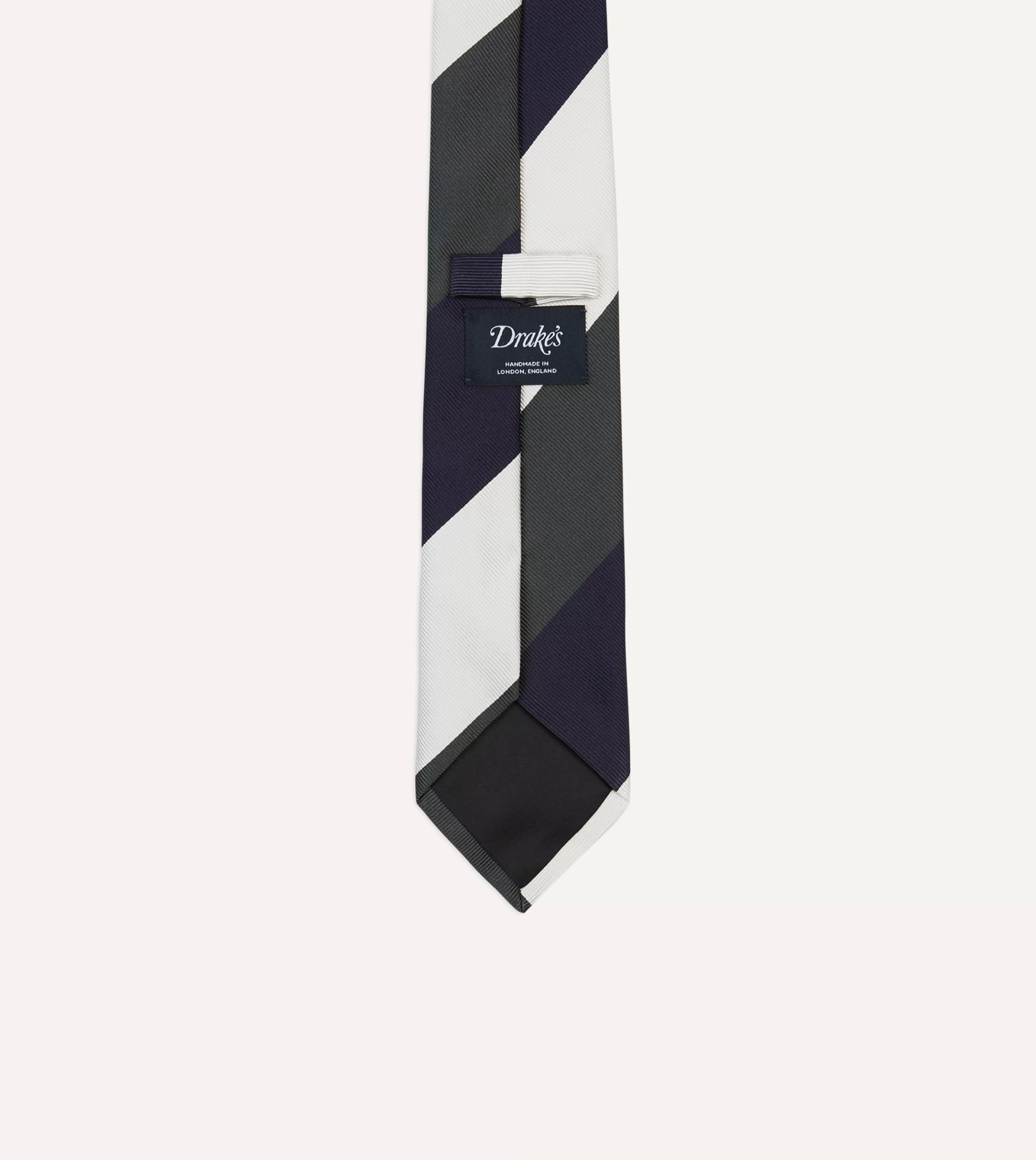 Drake’s Striped Ties | White, Navy And Wide Stripe Repp Silk Tipped Tie Grey