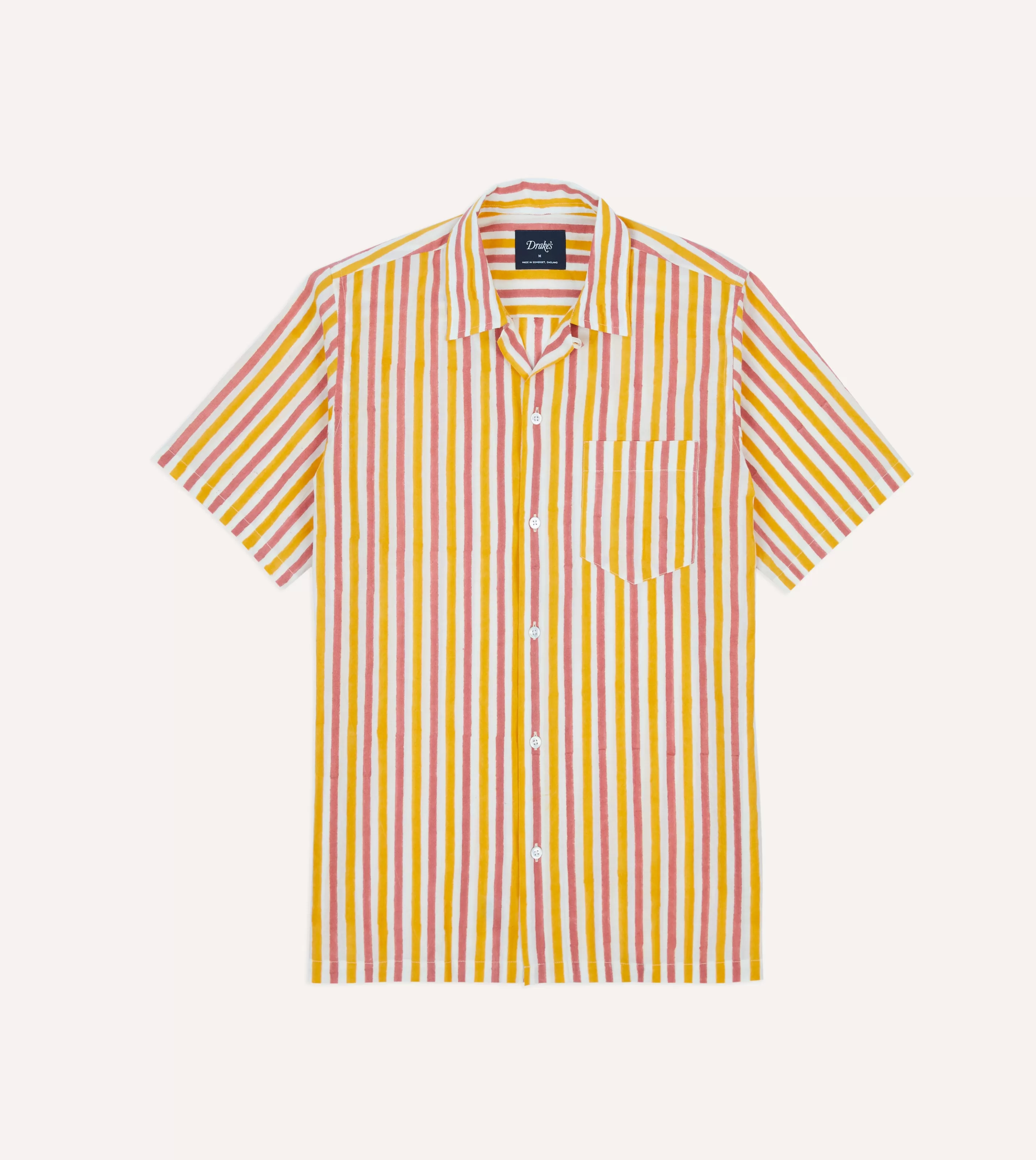 Drake’s Shirts | Short Sleeve Shirts | Yellow And Pink Stripe Block Print Cotton Camp Collar Short Sleeve Shirt