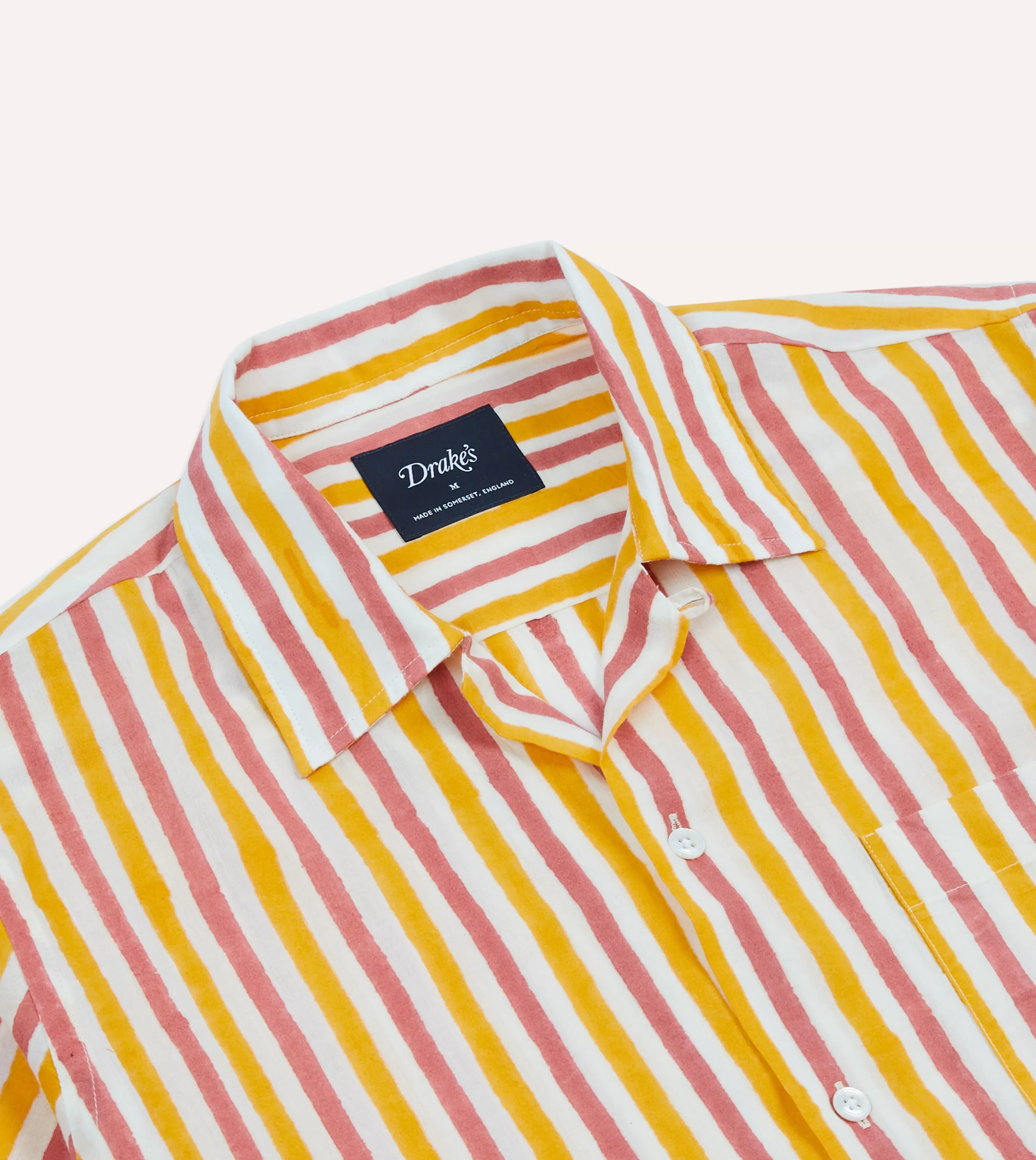 Drake’s Shirts | Short Sleeve Shirts | Yellow And Pink Stripe Block Print Cotton Camp Collar Short Sleeve Shirt