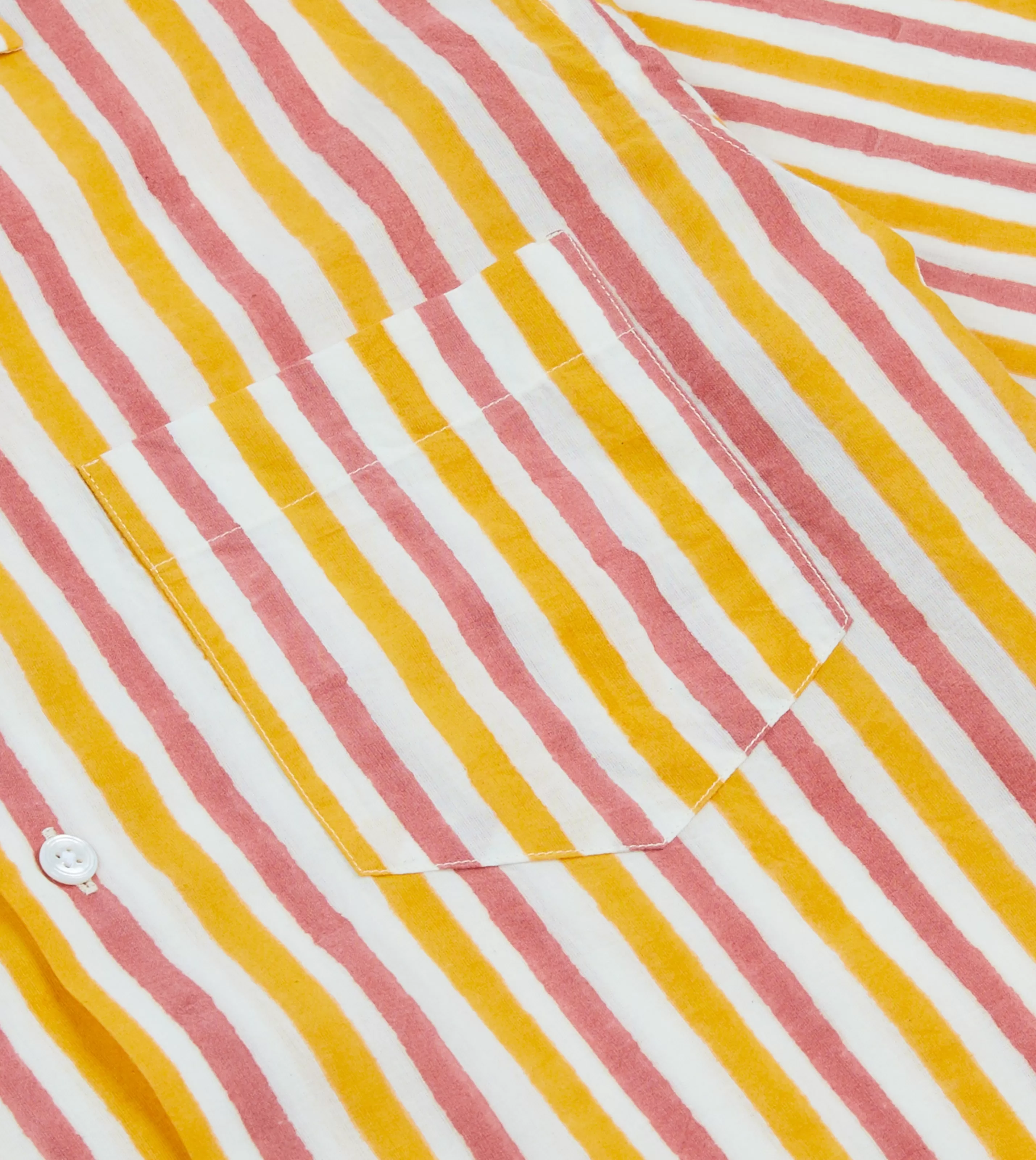 Drake’s Shirts | Short Sleeve Shirts | Yellow And Pink Stripe Block Print Cotton Camp Collar Short Sleeve Shirt