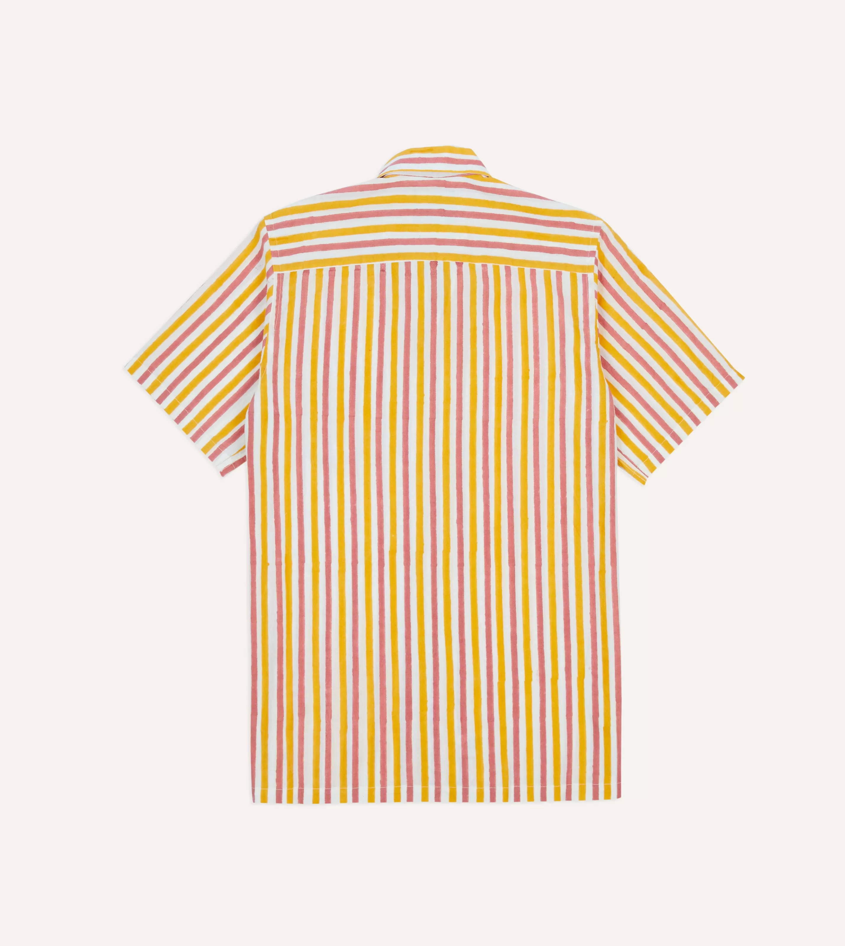 Drake’s Shirts | Short Sleeve Shirts | Yellow And Pink Stripe Block Print Cotton Camp Collar Short Sleeve Shirt